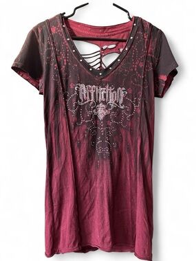 Affliction Women's Burgundy Distressed Rhinestone V-Neck Top